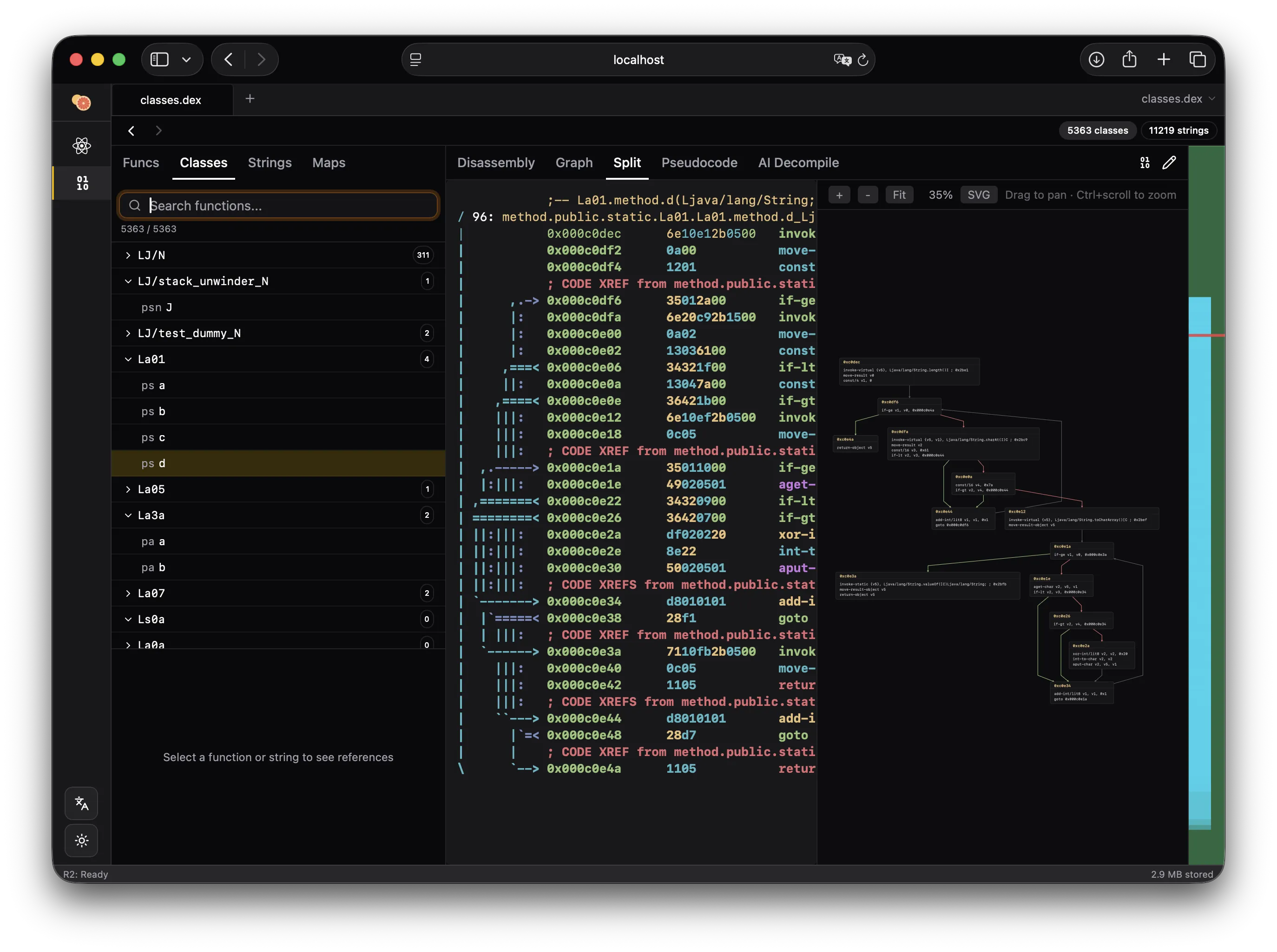 Radare2 split view with CFG